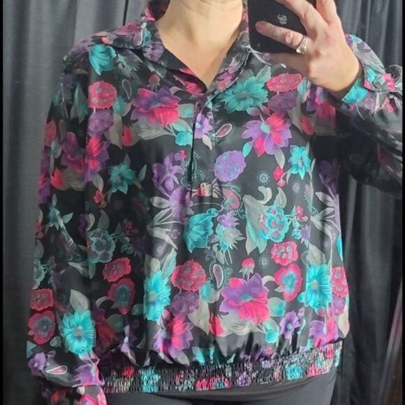 Vintage 80s 90s Black Pink Floral Shirt - Picture 2 of 14